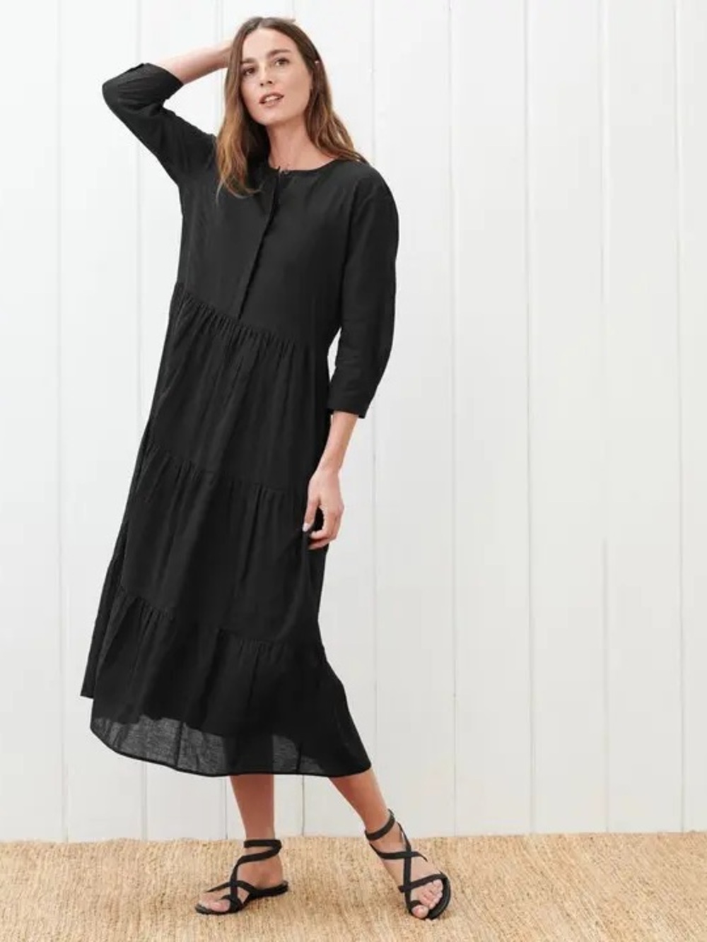 Jenni Kayne Black Tiered Midi Dress with Three-Quarter Sleeves